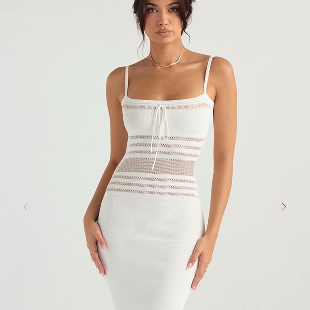 House of CB White Ribbed Lace-Trim Midi Dress